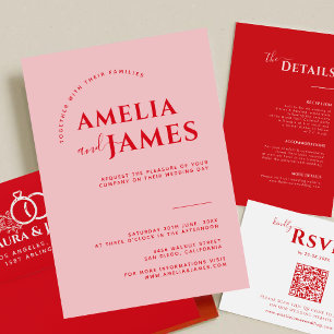 Invitation Moderne Gras minimaliste Mariage rouge et rose