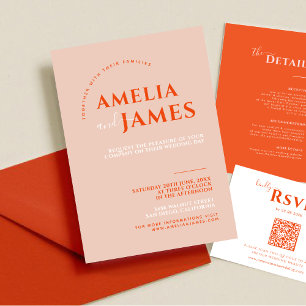 Invitation Moderne Gras minimaliste orange et rose Mariage