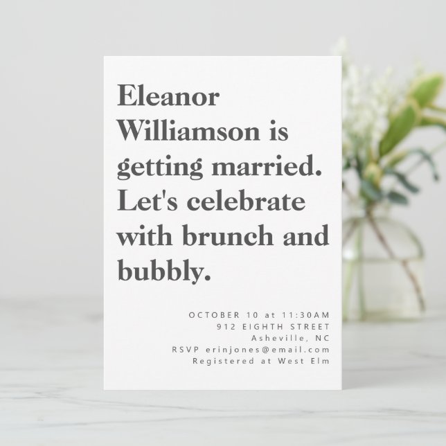 Invitation Moderne Gras Noir Blanc Typographie Bridal Brunch (Debout devant)