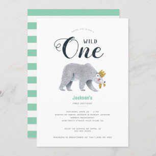 Invitation Moderne Green Adventure Ours animal premier annive