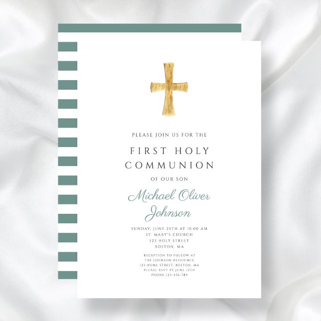 Invitation Moderne Green Stripes Cross Boy First Communion (Modern Green Stripes Cross Girl First Communion Invitation)