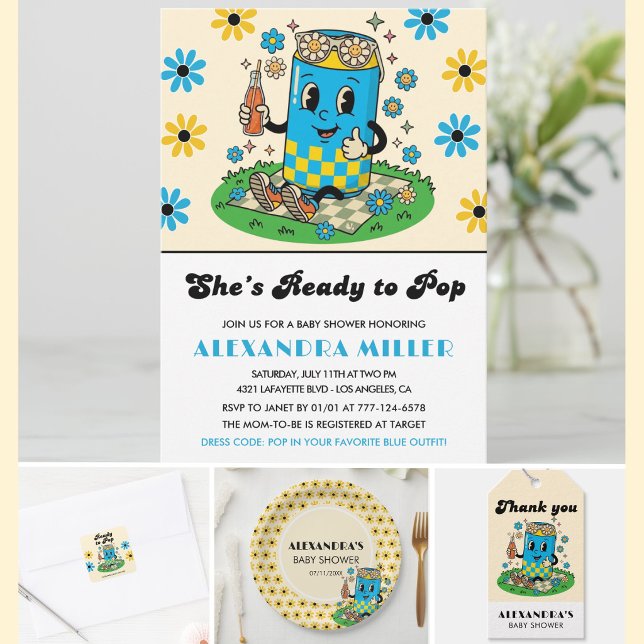 Invitation Moderne Groovy Daisy Bleue Jaune Elle est prête à  (Créateur téléchargé)