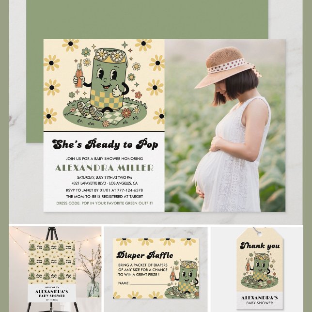 Invitation Moderne Groovy Daisy Sage Vert Photo Prêt à Pop (Créateur téléchargé)