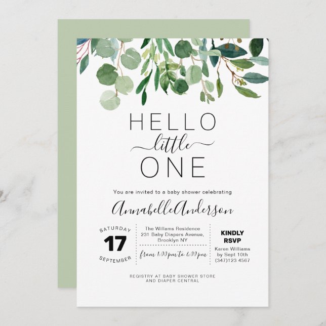 Invitation Moderne Hello Little One Baby shower de verdure (Devant / Derrière)