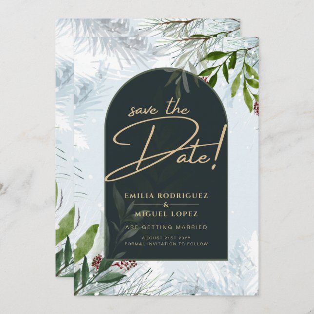 Invitation Moderne hiver verdure Mariage or Enregistrer Date (Devant / Derrière)