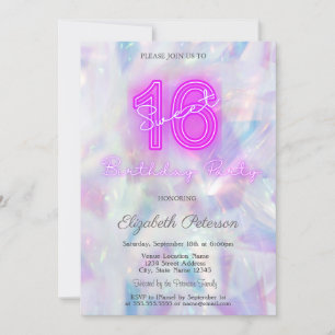 Invitation Moderne Holographique Neon Sweet 16
