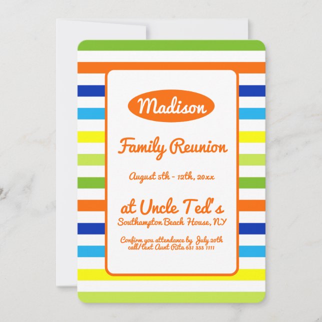 Invitation Moderne Hot Orange Summer Stripes Reunion Famille (Devant)