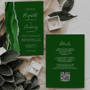 Invitation Moderne Hunter Green Silver Agate QR Code Mariage