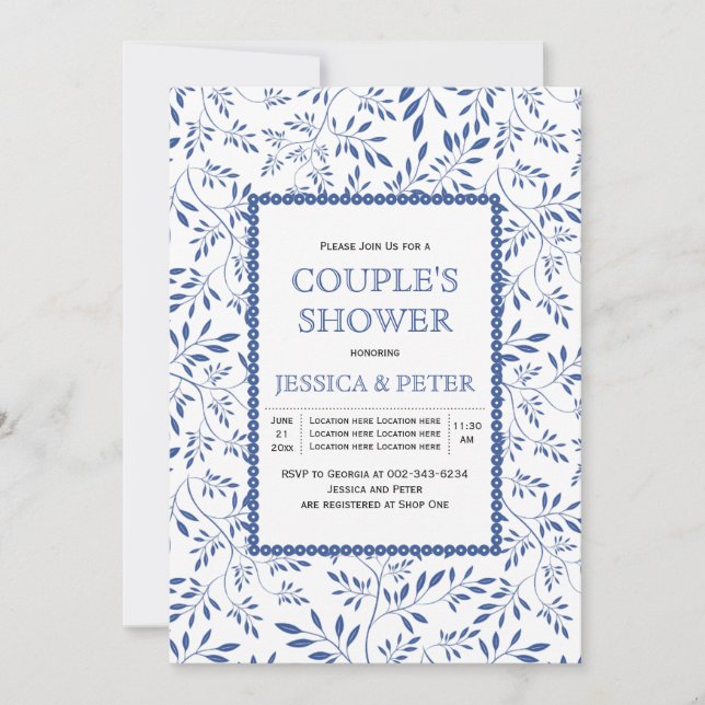 Invitation Moderne Indigo bleu feuille mariage douche (Devant)