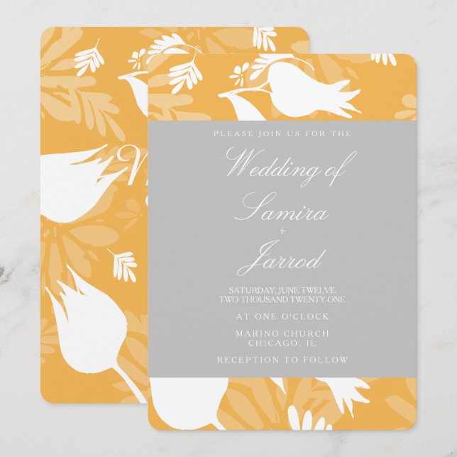 Invitation Moderne Jaune Gris Floral Tulipe Mariage Botanique (Devant / Derrière)