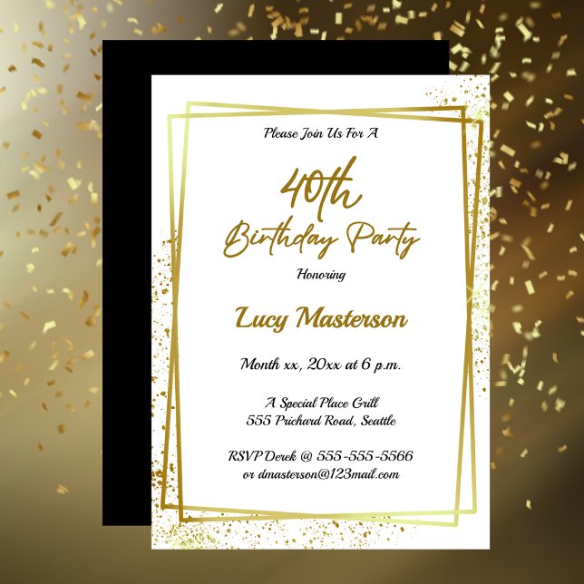 Invitation Moderne Joyeux 40e Anniversaire Or et Noir (Modern Happy 40th Birthday Party Gold & Black Invitation)