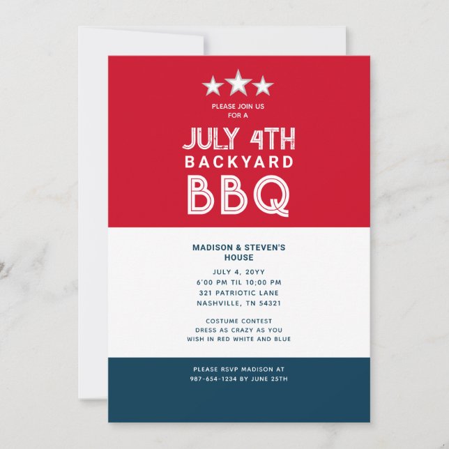 Invitation Moderne Juillet 4 Jardin BBQ Party Rouge Blanc Ble (Devant)