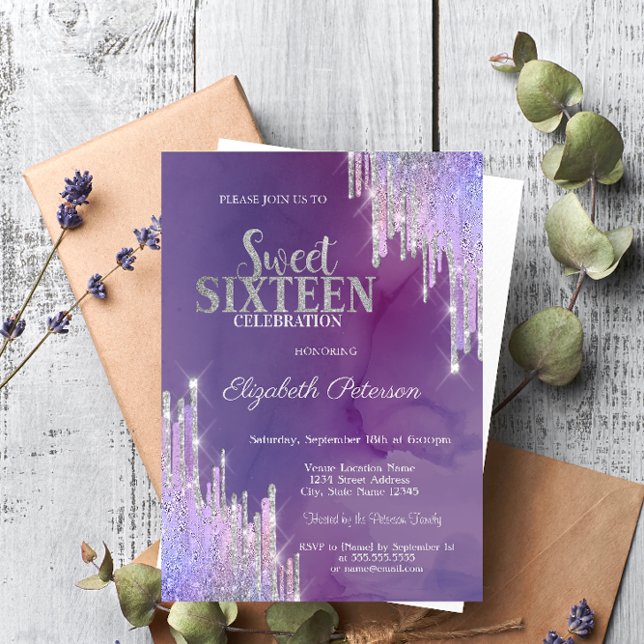Invitation Moderne Lavande Glitter Gouttes Violet 16 Ans (Créateur téléchargé)