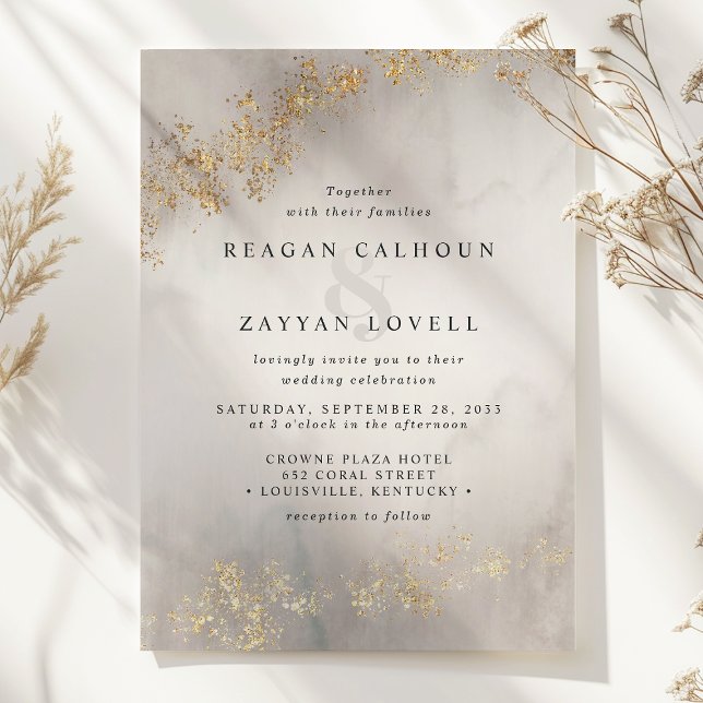Invitation Moderne Luxe Gold Flecks Gris Aquarelle Mariage (Créateur téléchargé)