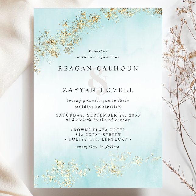 Invitation Moderne Luxe Gold Flecks Turquoise Watercolor Mari (Créateur téléchargé)