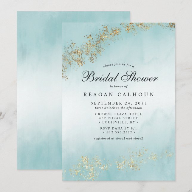 Invitation Moderne Luxe Paillettes Dorées Brume de Mariage (Devant / Derrière)