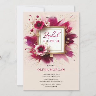 Invitation Moderne magenta fleurs roses cadre or Bride