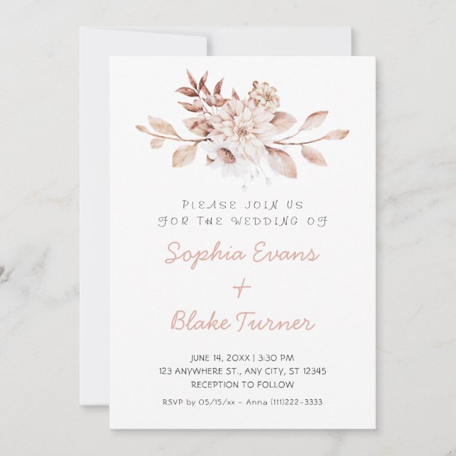 Invitation Moderne Mariage Blanc Floral Rustique Douce (Devant)