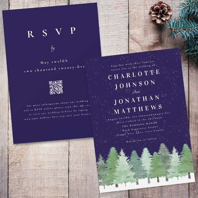 Invitation Moderne Mariage Code QR Bleu Nuit Bois d'Hiver (Modern watercolor Woodland snow forest navy blue and white winter wedding qr code invitation)