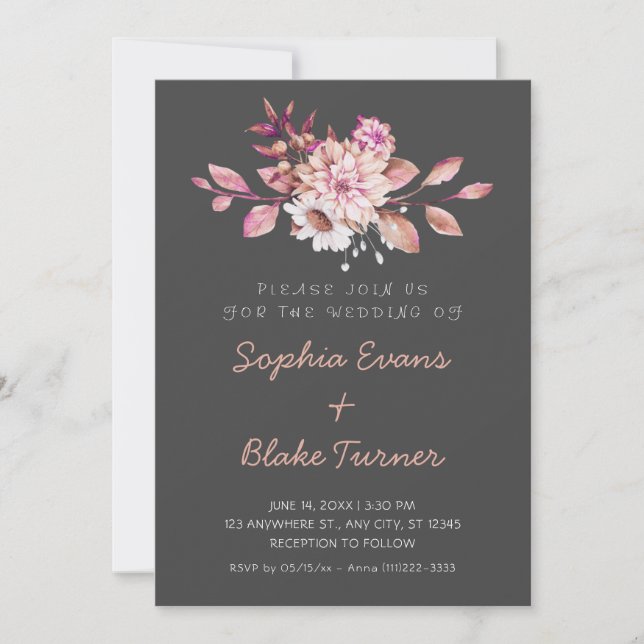 Invitation Moderne Mariage Country Fleurs Soft Gris Foncé (Devant)