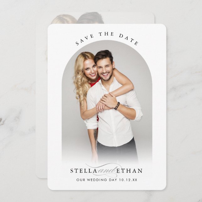 Invitation MODERNE MARIAGE couple photo arche cadre calligrap (Devant / Derrière)