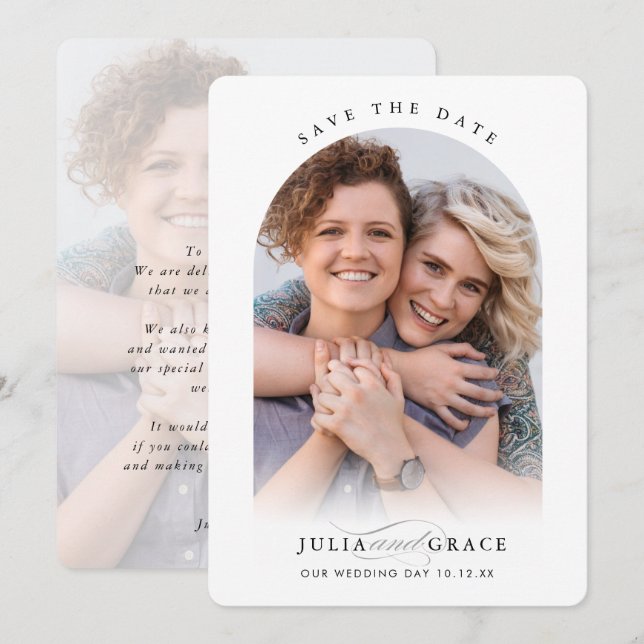 Invitation MODERNE MARIAGE couple photo arche cadre calligrap (Devant / Derrière)