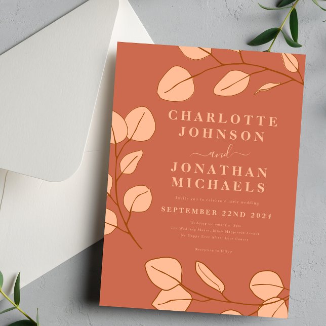 Invitation Moderne Mariage de automne simple feuille (Modern simple leaf peach fuzz wedding invitation with elegant typography script )