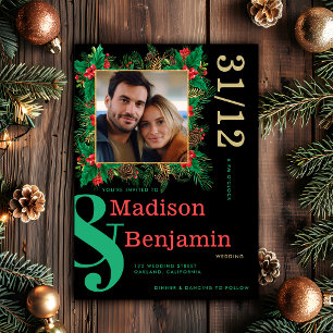 Invitation Moderne Mariage de Noël avec Photo de Baies de Hou