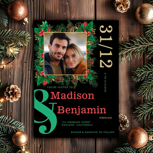 Invitation Moderne Mariage de Noël avec Photo de Baies de Hou (Créateur téléchargé)