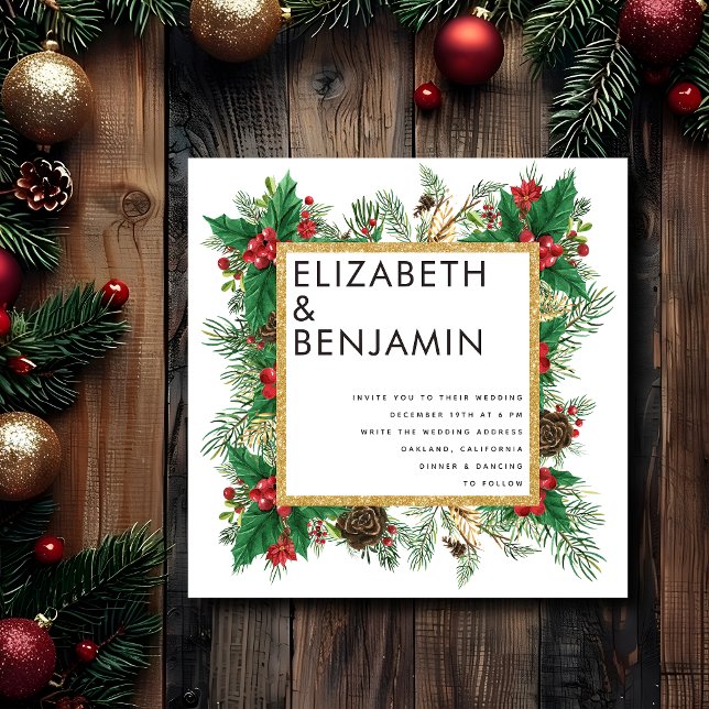 Invitation Moderne Mariage de Noël Code Qr Or Pin Gras (Créateur téléchargé)
