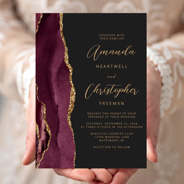 Invitation Moderne Mariage en Bourgogne Or Agate Script Ardoi (Créateur téléchargé)