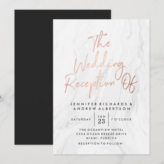 Invitation Moderne Mariage en Marbre Blanc et Or Rose | Écrit (Devant / Derrière)