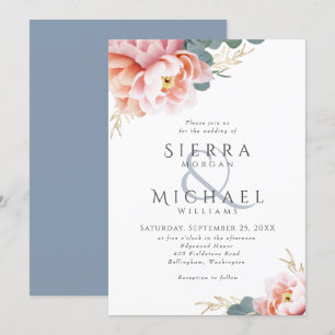 Invitation Moderne Mariage Fleurie Bleu Poussiéreux Rose Blus