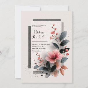 Invitation Moderne Mariage Floral Foncé Abstrait Rose Blush
