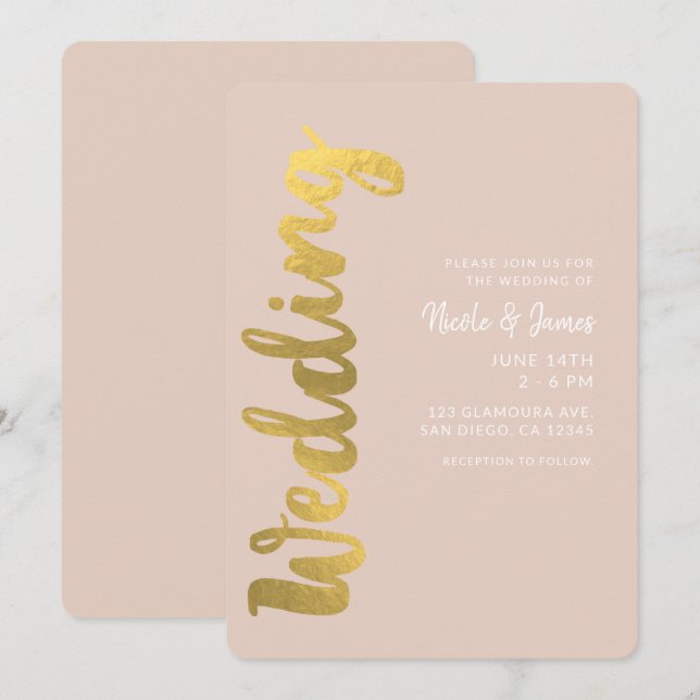 Invitation Moderne Mariage Glam Beige Feuille de Faux Or Bril (Devant / Derrière)