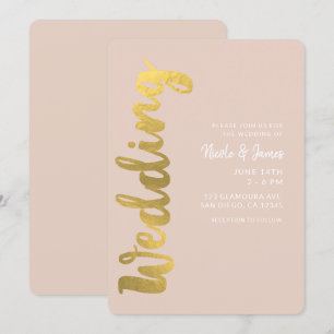 Invitation Moderne Mariage Glam Beige Feuille de Faux Or Bril