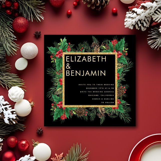 Invitation Moderne Mariage Noël Code Qr Pin Doré Noir (Créateur téléchargé)
