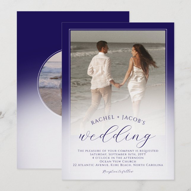 Invitation Moderne mariage ombré bleu foncé 2-photos (Devant / Derrière)
