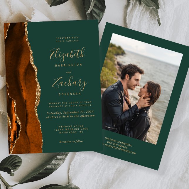 Invitation Moderne Mariage Photo Agate Vert Foncé Or Rust (Créateur téléchargé)
