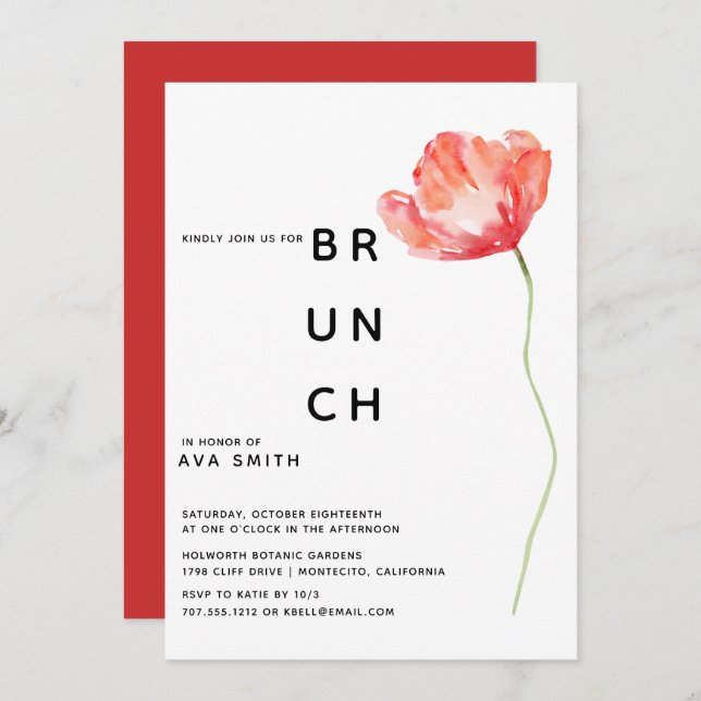Invitation Moderne Mariage rouge pavot Brunch (Devant / Derrière)