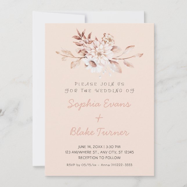 Invitation Moderne Mariage Rustique Douce Florale Rose Crème (Devant)