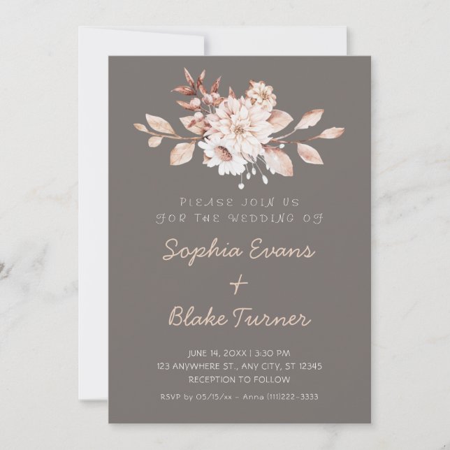 Invitation Moderne Mariage Rustique Fleurs Sombre Argent (Devant)
