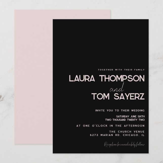 Invitation Moderne Mariage Simple Manuscrit Rose Noir (Devant / Derrière)