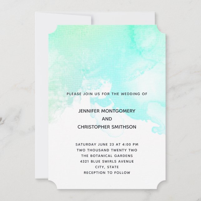 Invitation Moderne Mariage Simple Vert & Bleu Aquarelle (Devant)