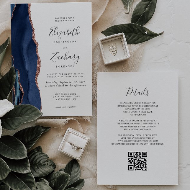 Invitation Moderne Marine Bleu Rose Gold Agate QR Code Mariag (Créateur téléchargé)
