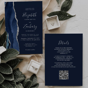 Invitation Moderne Marine Blue Silver Agate QR Code Mariage