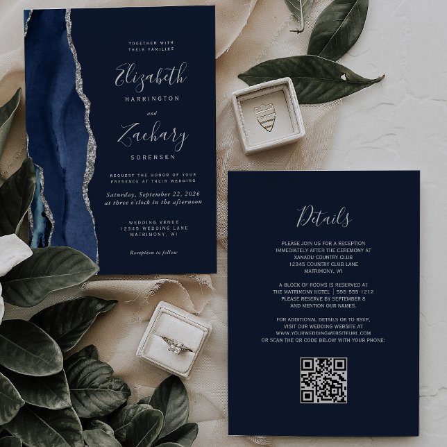 Invitation Moderne Marine Blue Silver Agate QR Code Mariage (Créateur téléchargé)