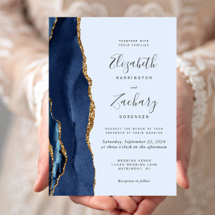 Invitation Moderne Marine Gold Agate Mariage bleu clair