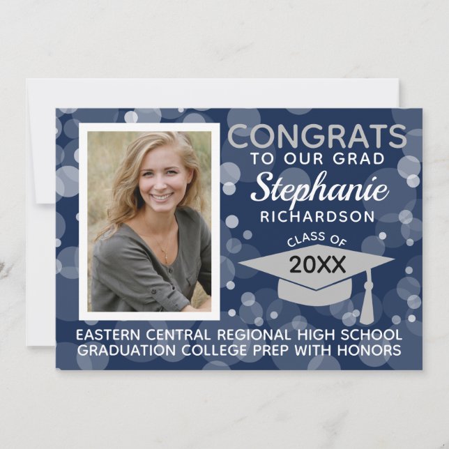 Invitation Moderne Marine Grey Bokeh Bubbles Photo Graduation (Devant)