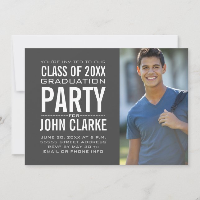 Invitation Moderne masculin Grad | Fête de Graduation Grey (Devant)